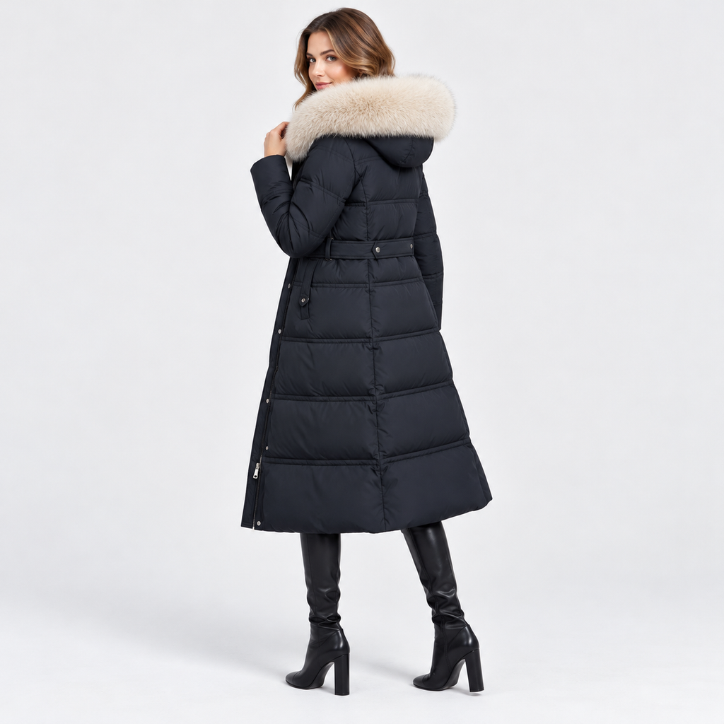NAJAS | Women's Long Winter Coat with Fur Trimmed Hood and Belt