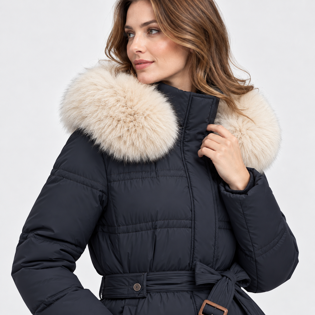 NAJAS | Women's Long Winter Coat with Fur Trimmed Hood and Belt