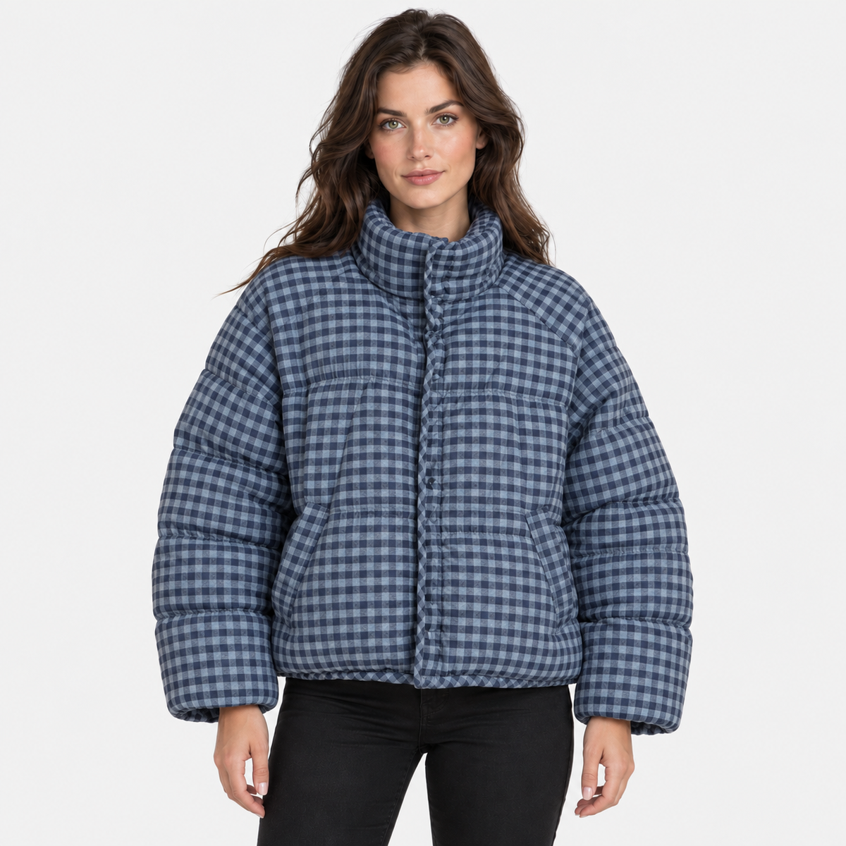 NAJAS | Women’s Plaid Puffer Jacket Cropped Relaxed Fit Casual Outerwear