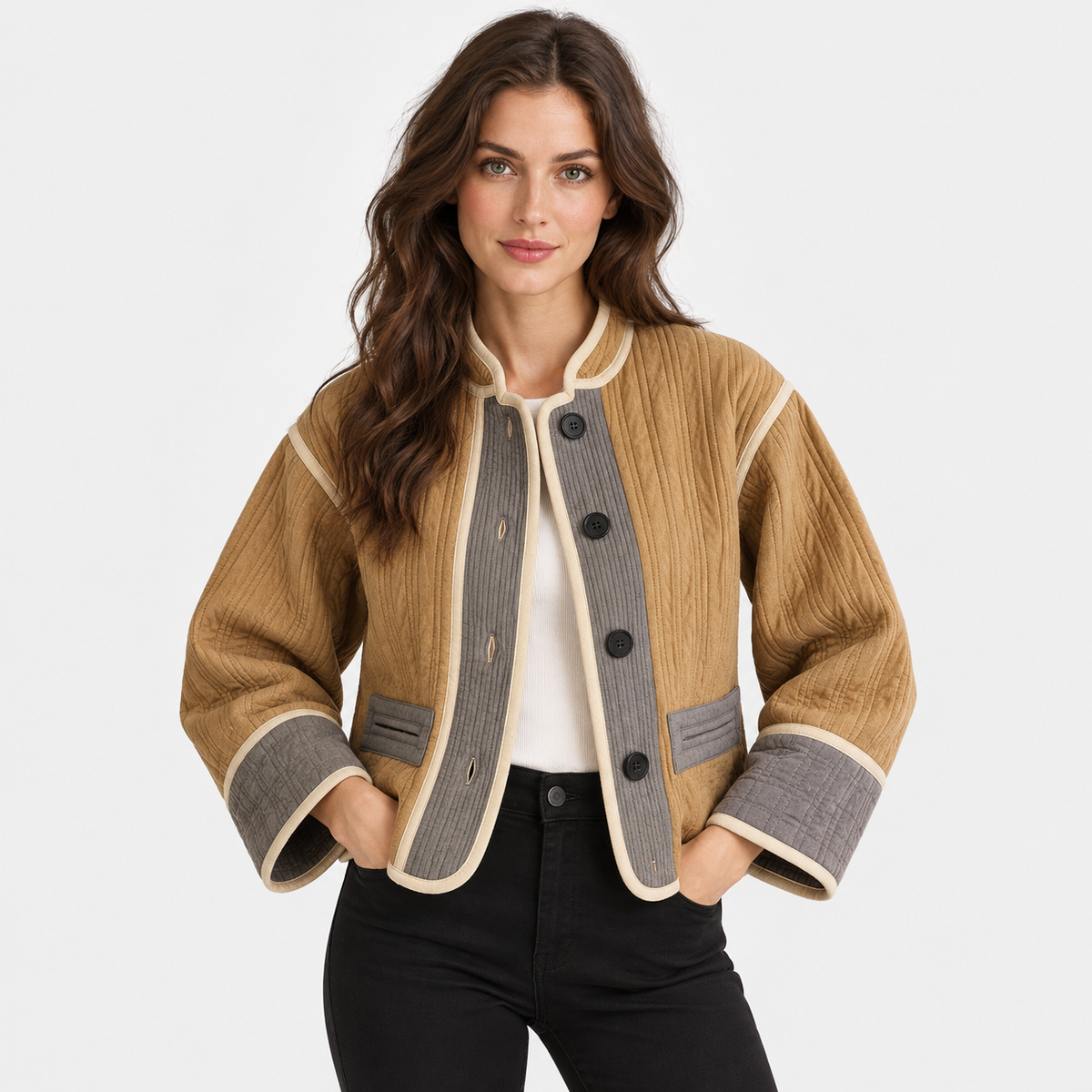 NAJAS | Women's Puffer Jacket with Color Block Design and Turn-Down Collar
