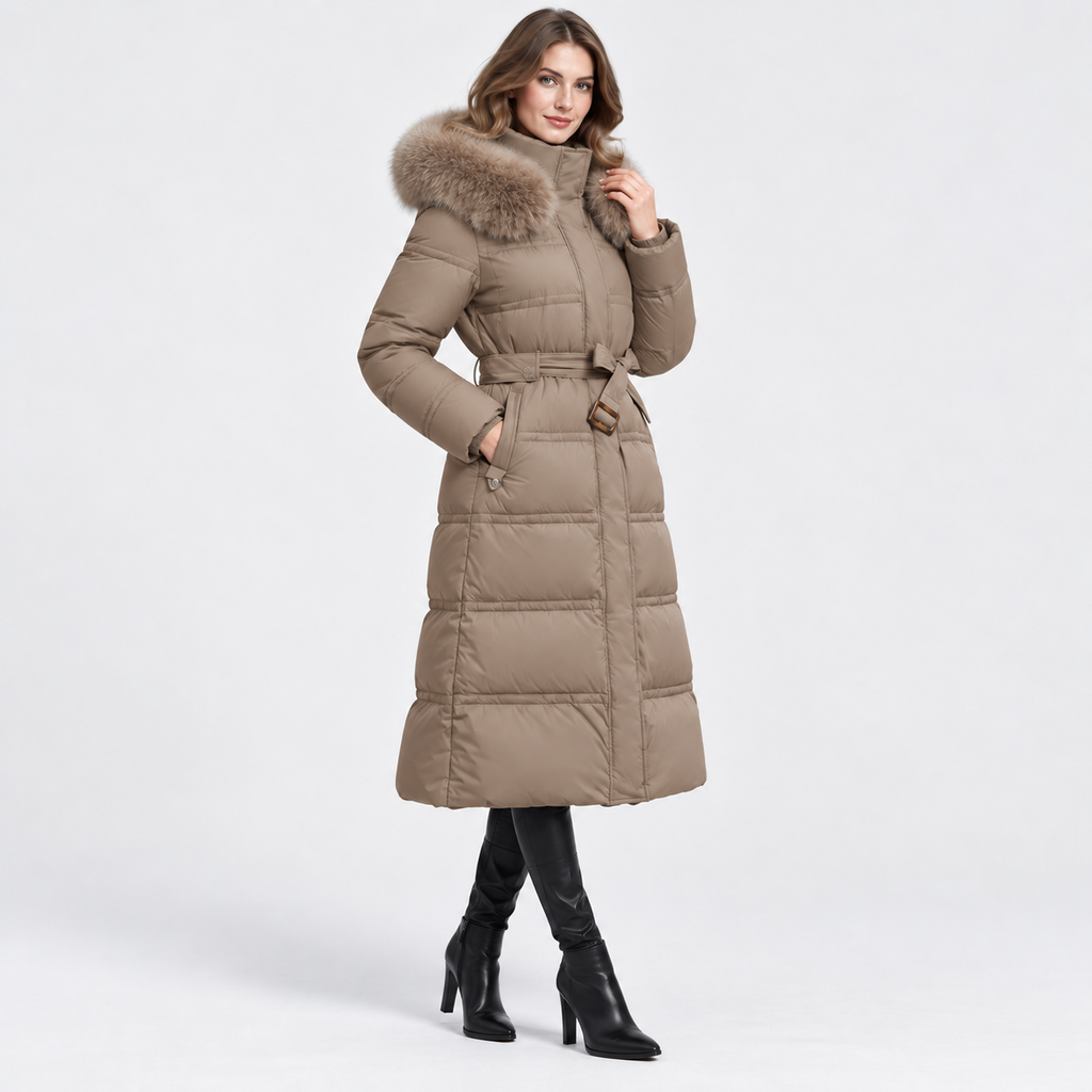 NAJAS | Women's Long Winter Coat with Fur Trimmed Hood and Belt
