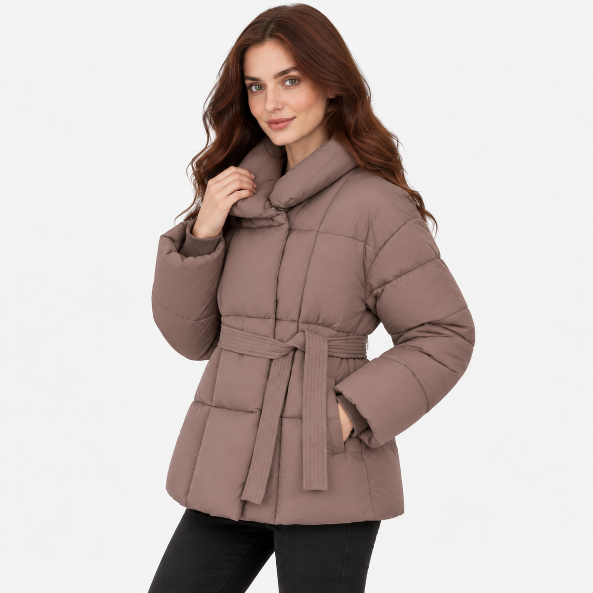 NAJAS | Women’s Plaid Coat Belted Lapel Down Cotton Winter Jacket
