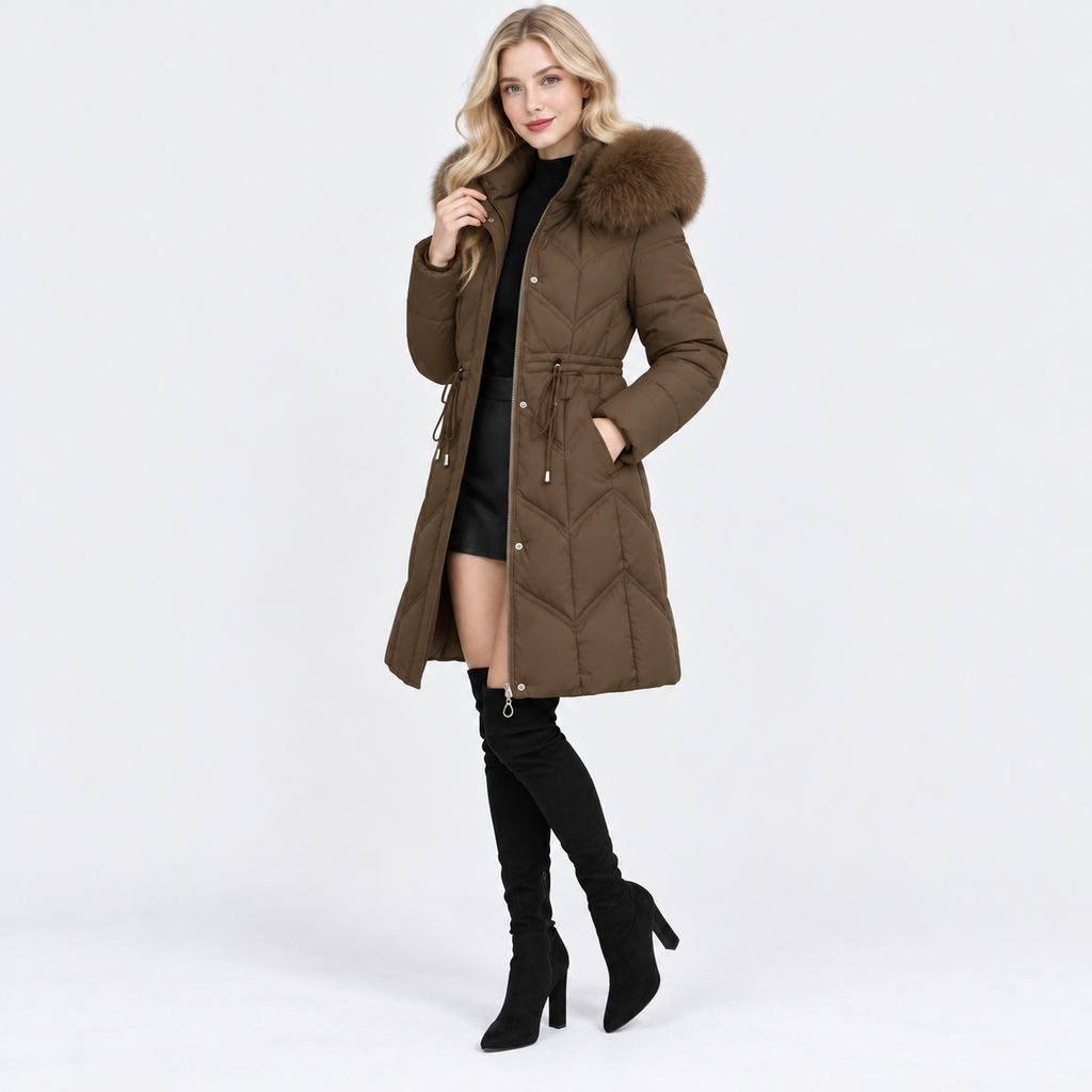 NAJAS | Women's Mid-Length Padded Winter Coat with Large Fur Collar