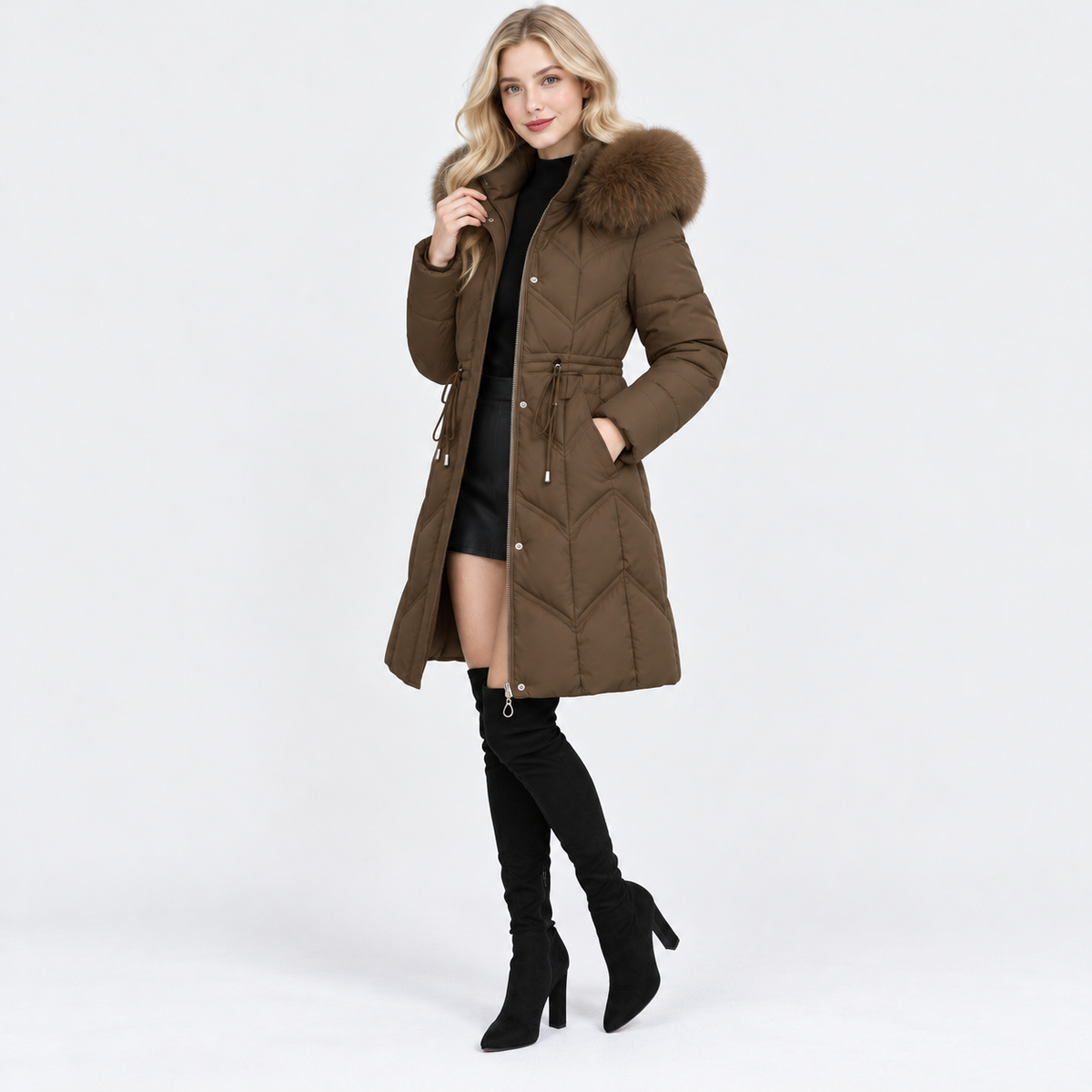 NAJAS | Women's Mid-Length Padded Winter Coat with Large Fur Collar
