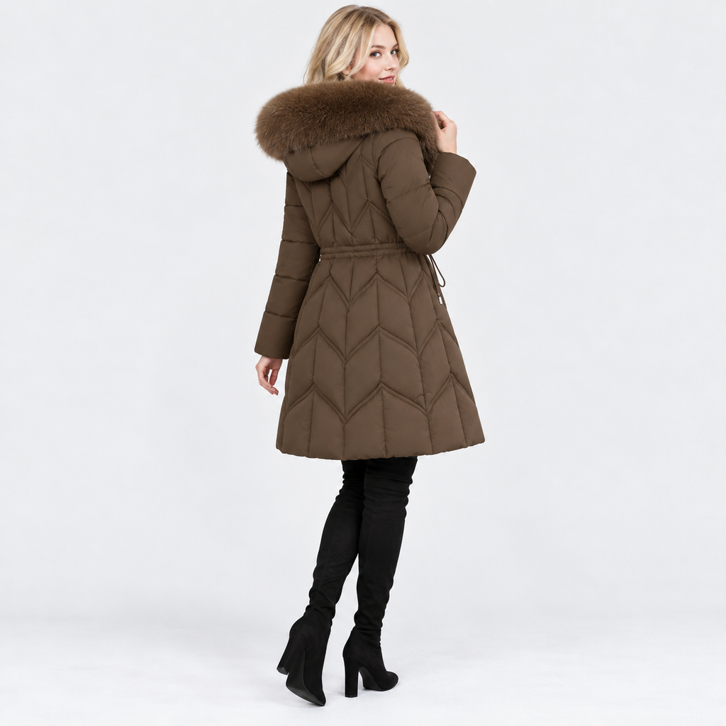 NAJAS | Women's Mid-Length Padded Winter Coat with Large Fur Collar