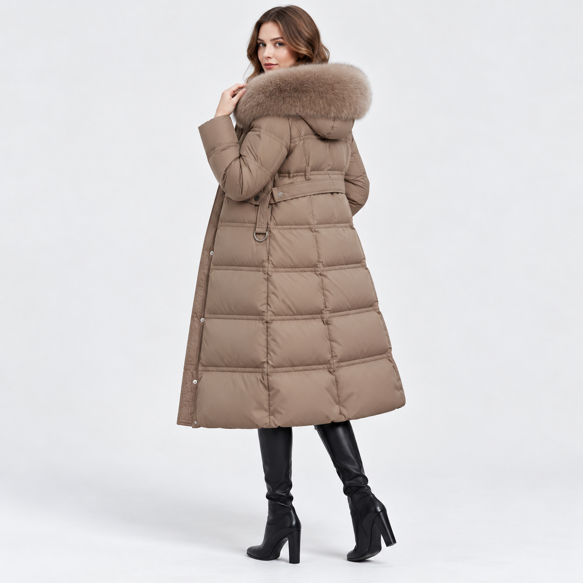 NAJAS | Women's Long Winter Coat with Fur Trimmed Hood and Belt
