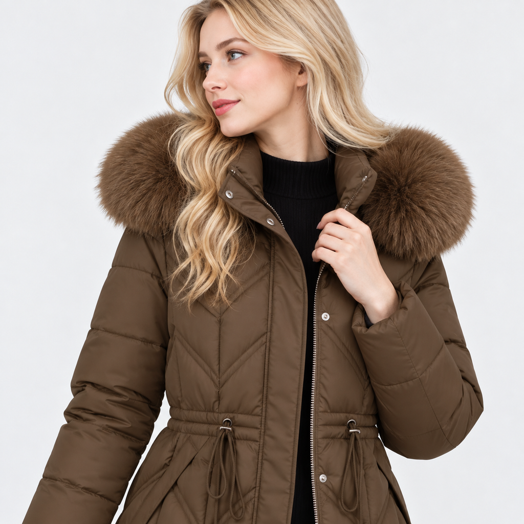 NAJAS | Women's Mid-Length Padded Winter Coat with Large Fur Collar