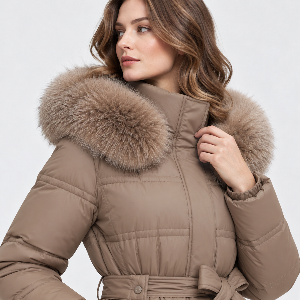 NAJAS | Women's Long Winter Coat with Fur Trimmed Hood and Belt