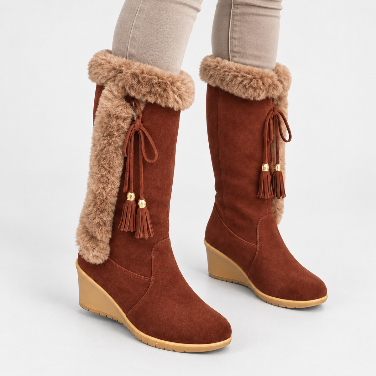 NAJAS | Women’s Winter Knight Boots Warm Plush Lined Wedge Heel Shoes