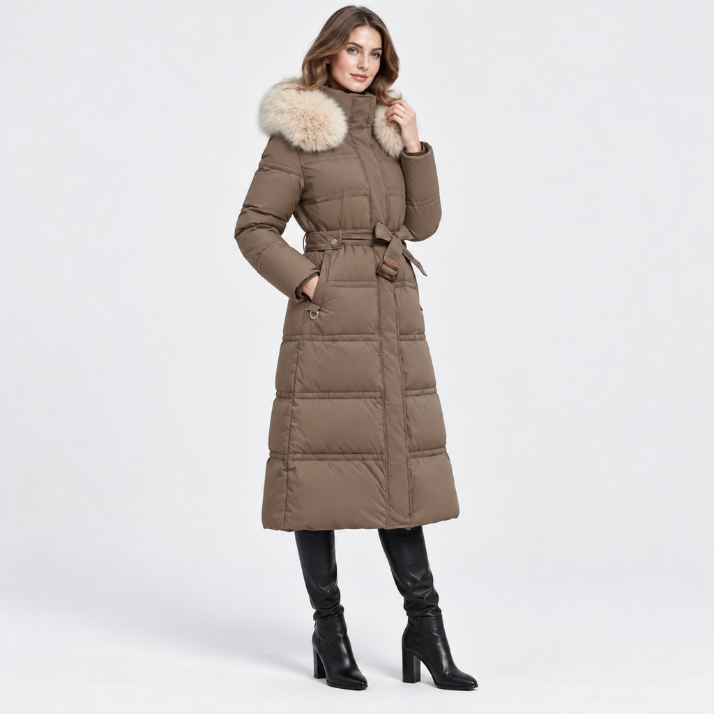 NAJAS | Women's Long Winter Coat with Fur Trimmed Hood and Belt
