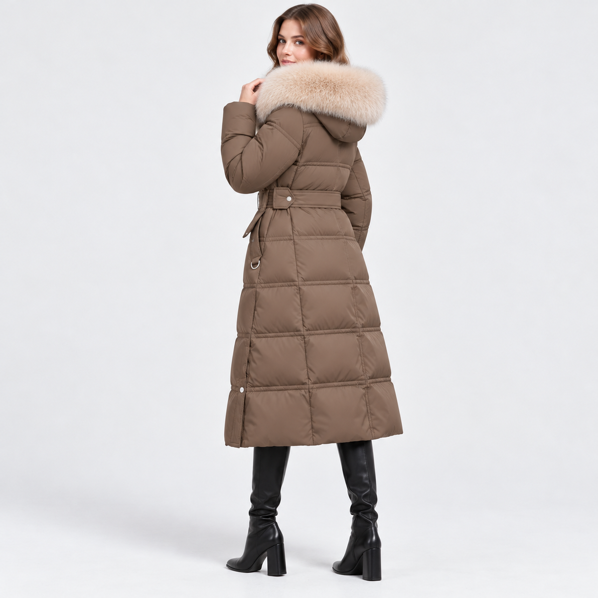 NAJAS | Women's Long Winter Coat with Fur Trimmed Hood and Belt