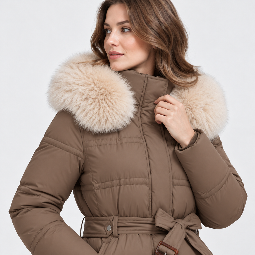 NAJAS | Women's Long Winter Coat with Fur Trimmed Hood and Belt