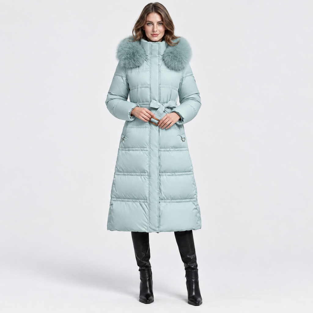 NAJAS | Women's Long Winter Coat with Fur Trimmed Hood and Belt