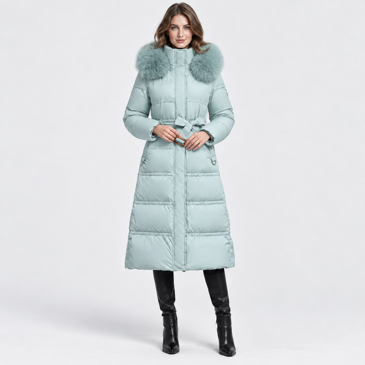 NAJAS | Women's Long Winter Coat with Fur Trimmed Hood and Belt