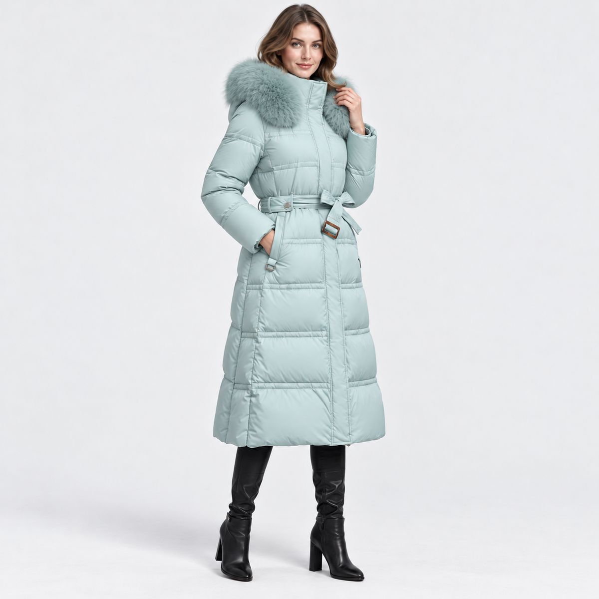 NAJAS | Women's Long Winter Coat with Fur Trimmed Hood and Belt
