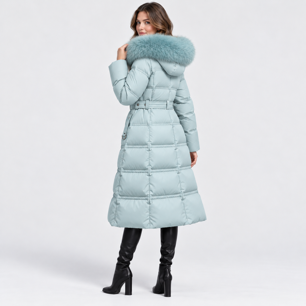 NAJAS | Women's Long Winter Coat with Fur Trimmed Hood and Belt