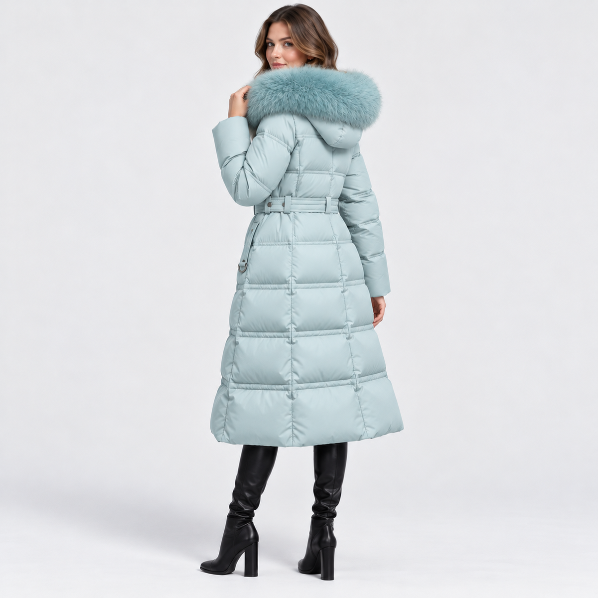 NAJAS | Women's Long Winter Coat with Fur Trimmed Hood and Belt