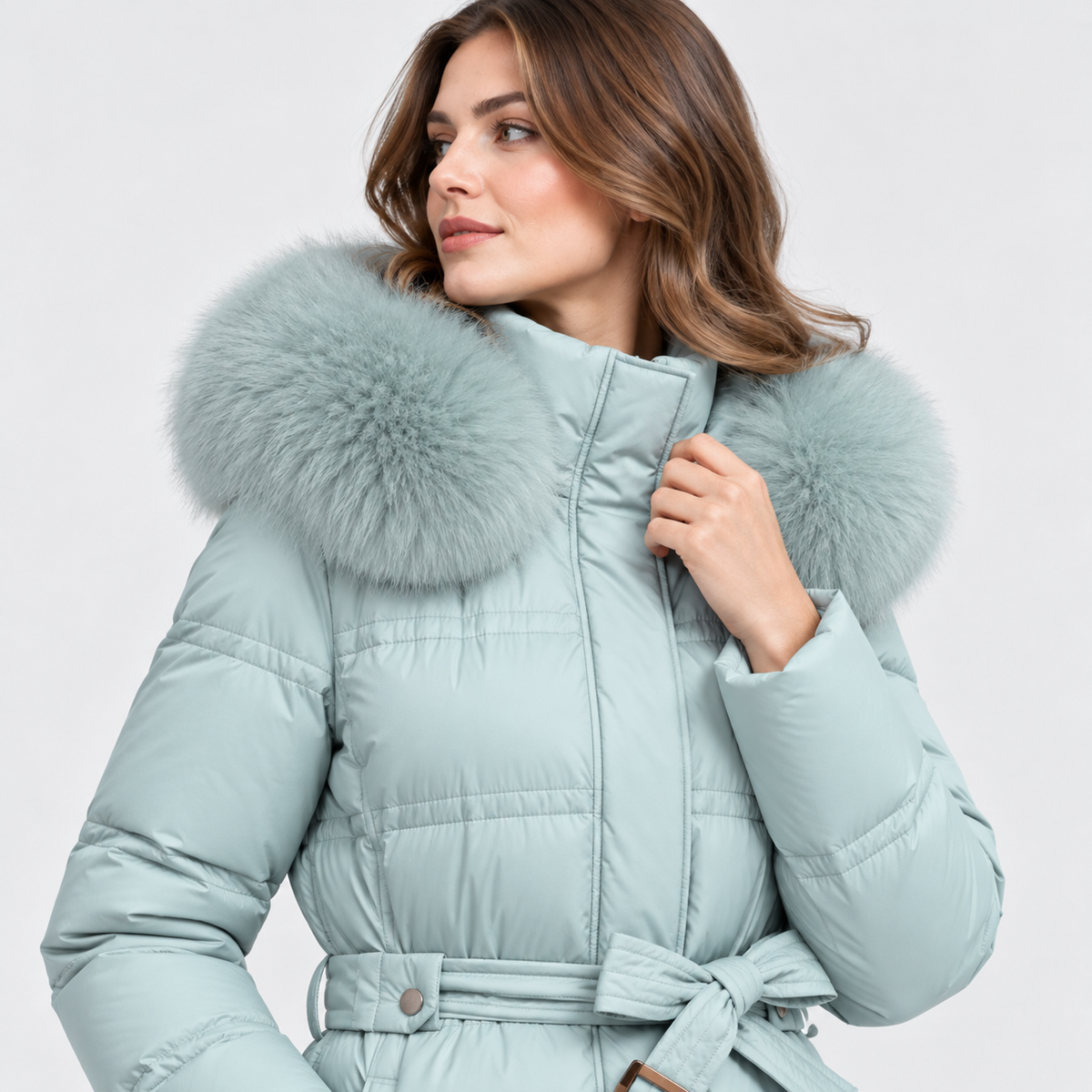 NAJAS | Women's Long Winter Coat with Fur Trimmed Hood and Belt