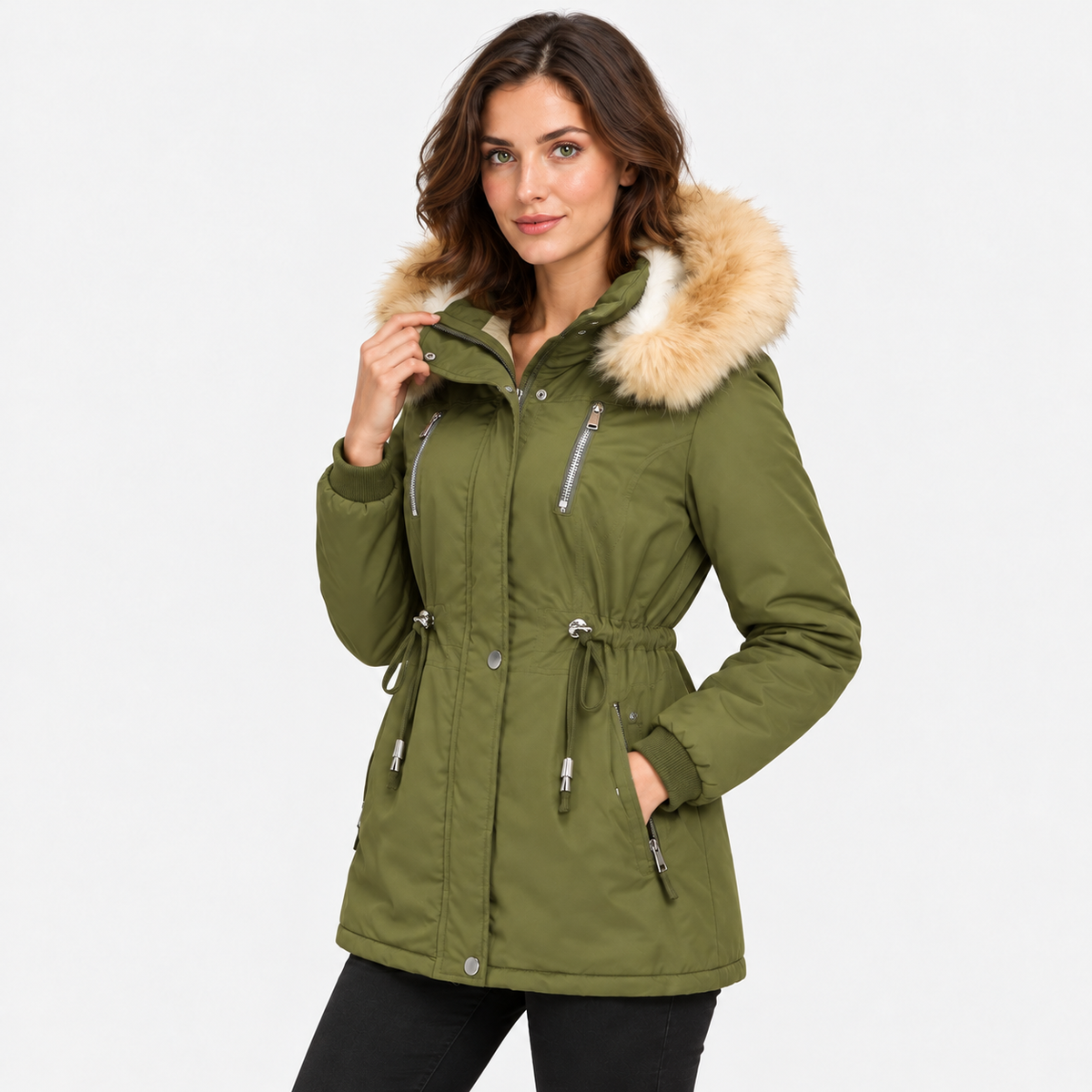 NAJAS | Women's Long Winter Coat with Detachable Hood and Faux Fur Collar