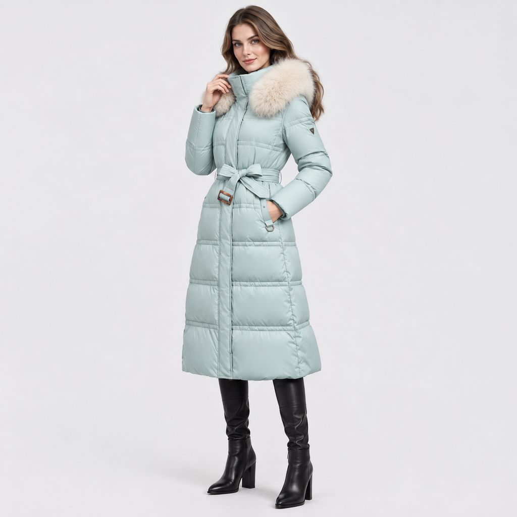 NAJAS | Women's Long Winter Coat with Fur Trimmed Hood and Belt