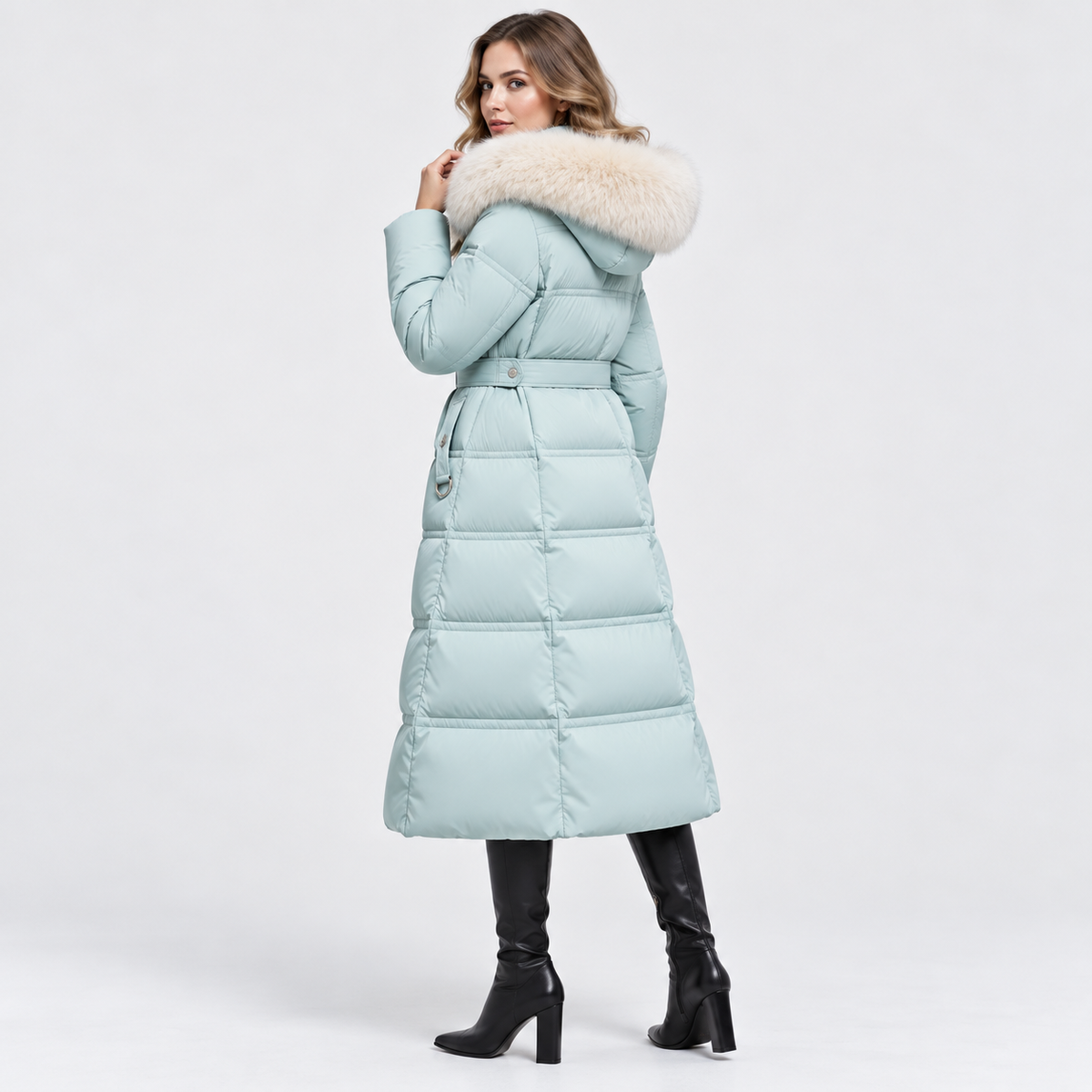 NAJAS | Women's Long Winter Coat with Fur Trimmed Hood and Belt
