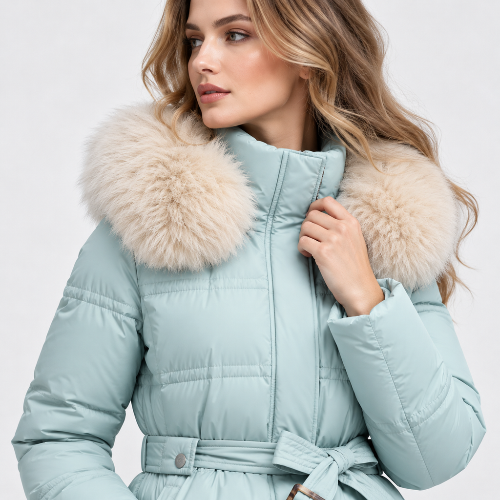 NAJAS | Women's Long Winter Coat with Fur Trimmed Hood and Belt