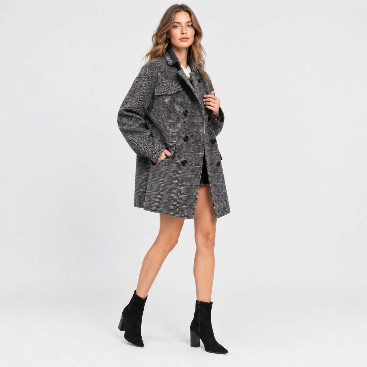 NAJAS | Women’s Wool Blend Coat Double Breasted Plaid British Style Jacket