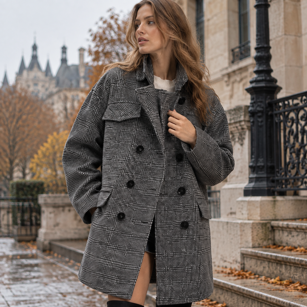 NAJAS | Women’s Wool Blend Coat Double Breasted Plaid British Style Jacket