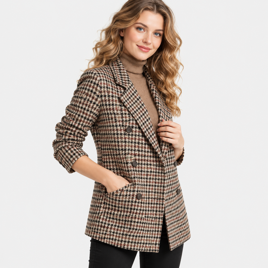 NAJAS | Women’s Houndstooth Coat Cotton Suit Collar Classic Outerwear