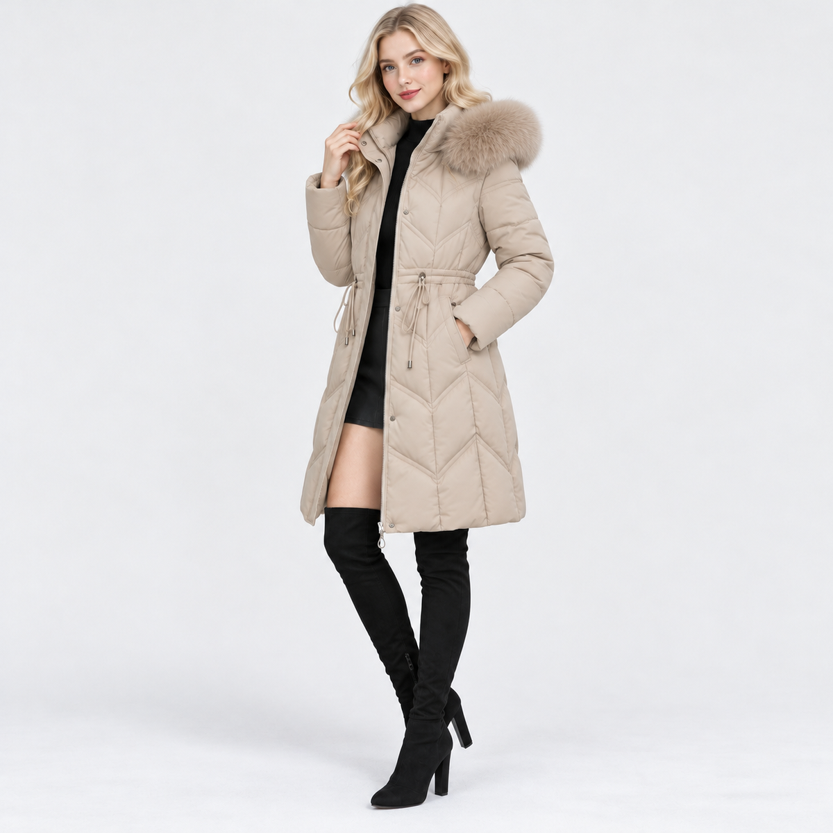 NAJAS | Women's Mid-Length Padded Winter Coat with Large Fur Collar