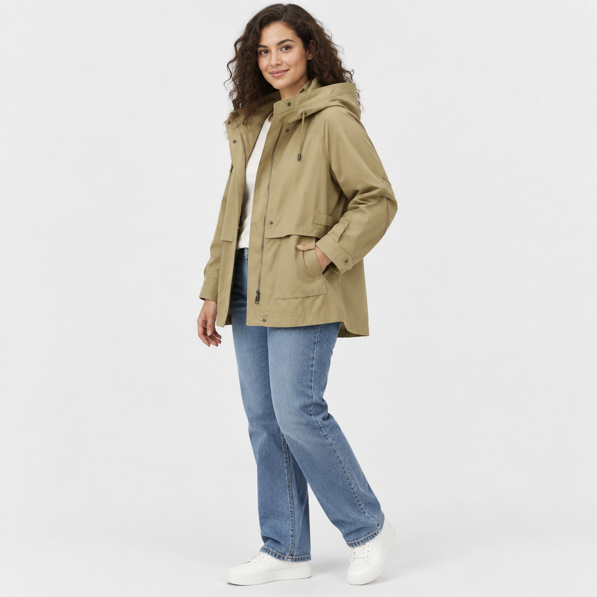 NAJAS | Women’s Printed Jacket Light Khaki A Line Commuter Coat