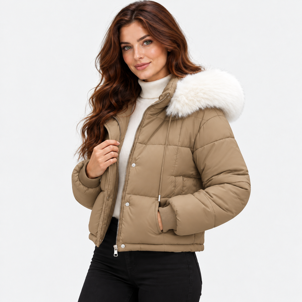NAJAS | Women's Mint Green Puffer Jacket with Faux Fur Trimmed Hood