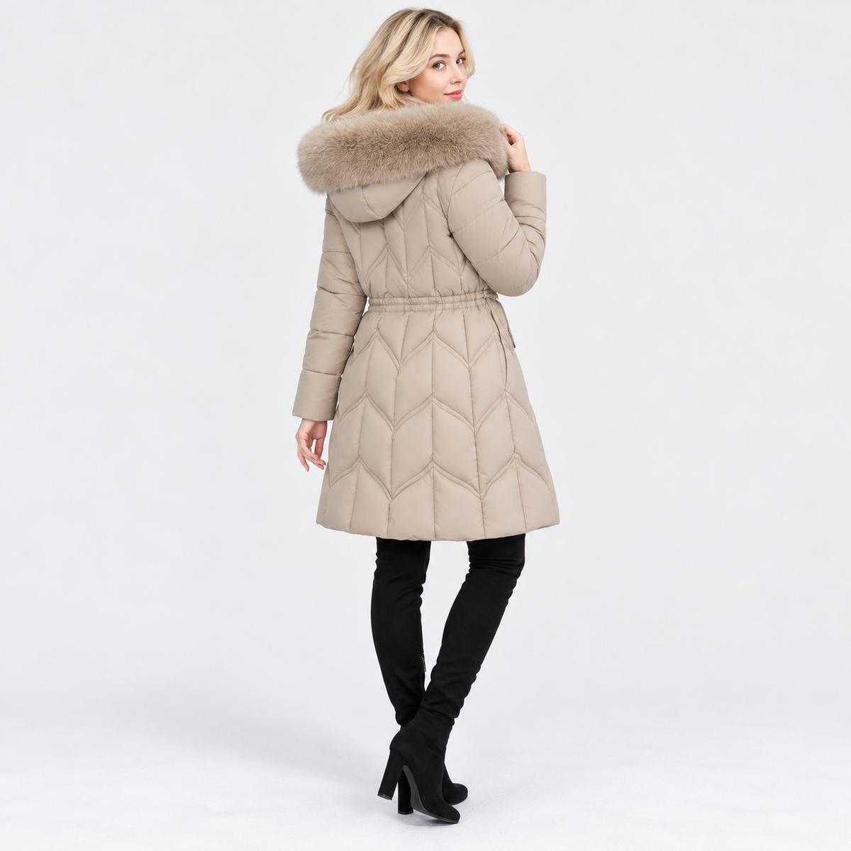 NAJAS | Women's Mid-Length Padded Winter Coat with Large Fur Collar