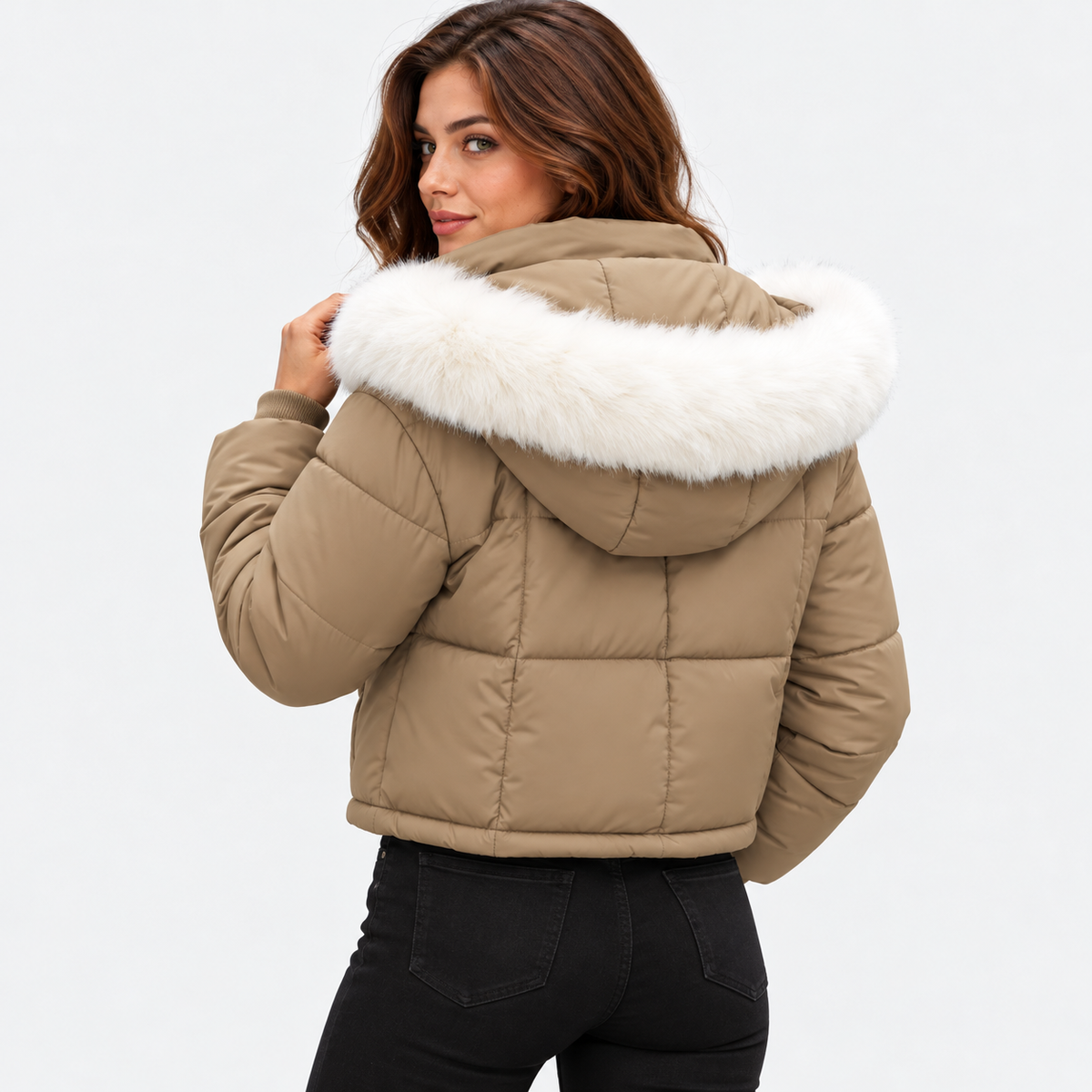 NAJAS | Women's Mint Green Puffer Jacket with Faux Fur Trimmed Hood