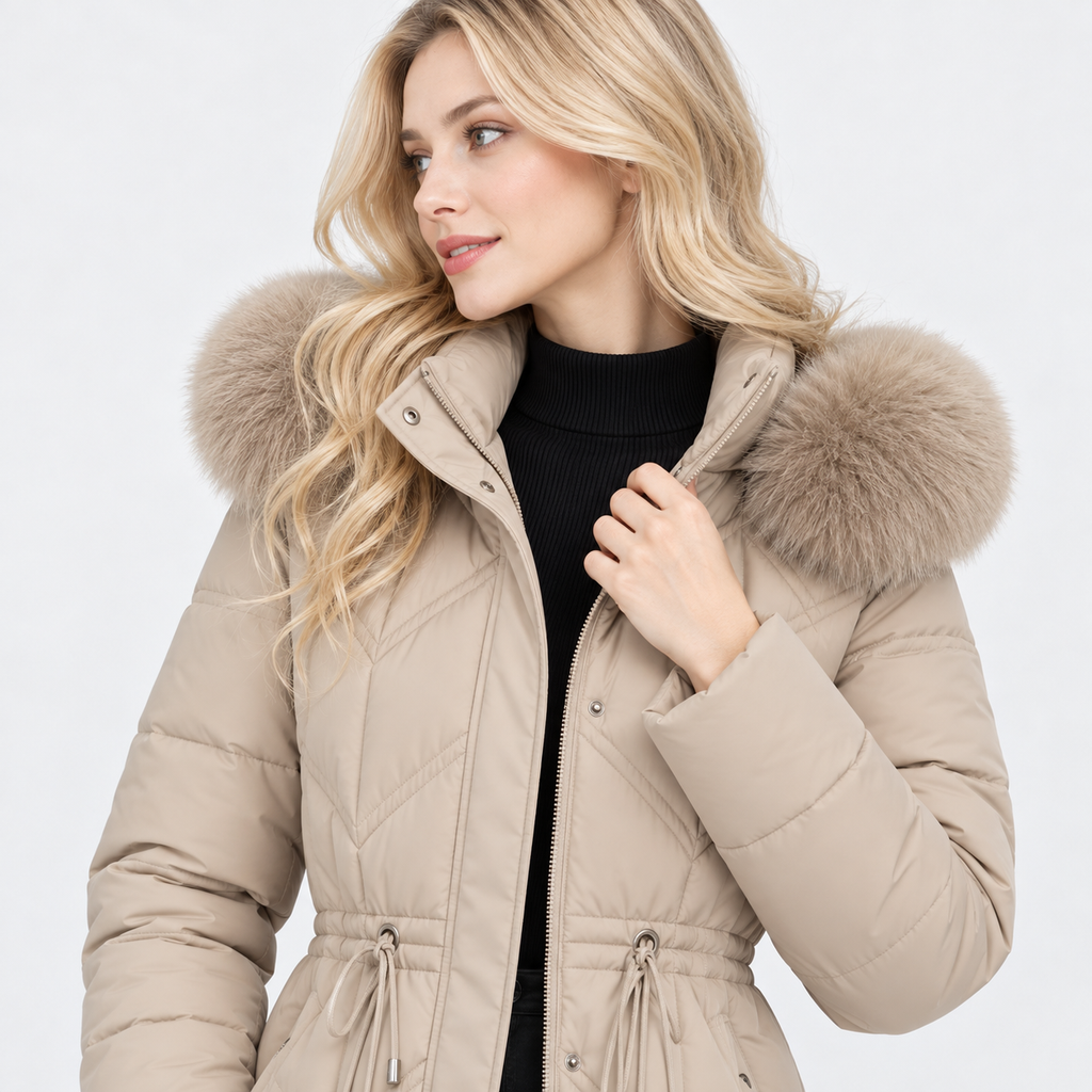 NAJAS | Women's Mid-Length Padded Winter Coat with Large Fur Collar