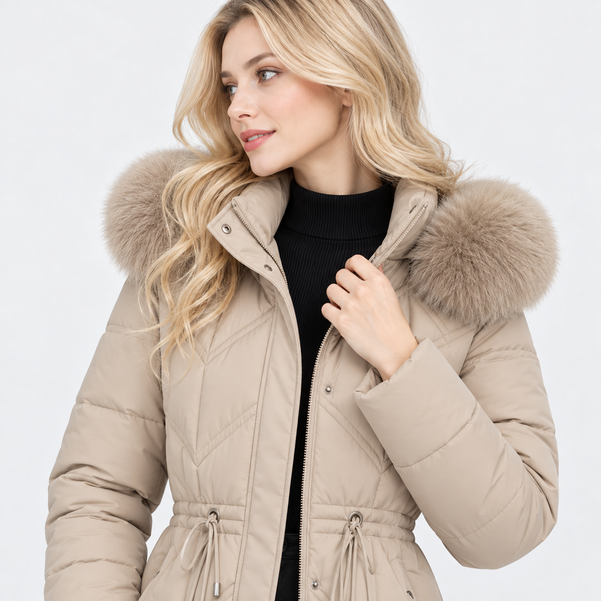 NAJAS | Women's Mid-Length Padded Winter Coat with Large Fur Collar