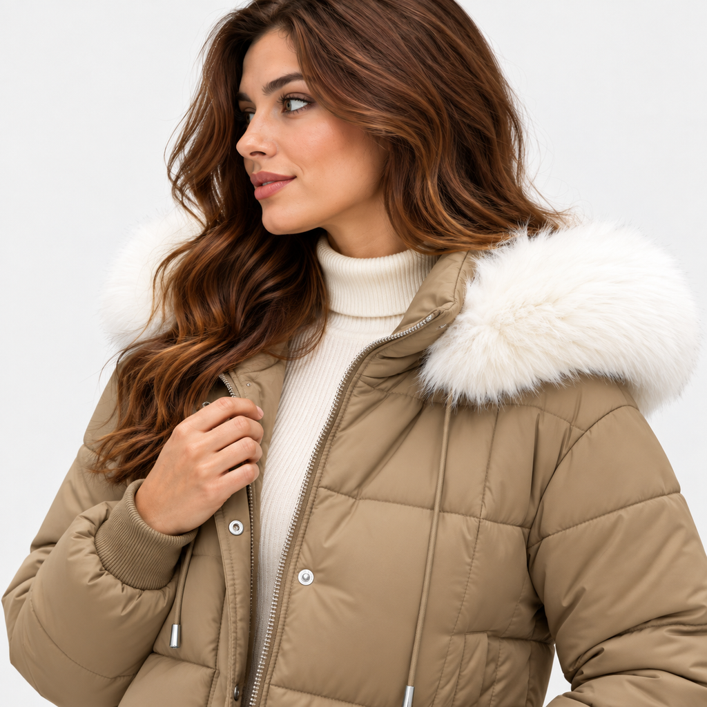 NAJAS | Women's Mint Green Puffer Jacket with Faux Fur Trimmed Hood