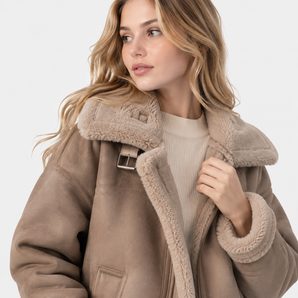 NAJAS | Women's Berber Fleece Coat Faux Fur Button Winter Outerwear