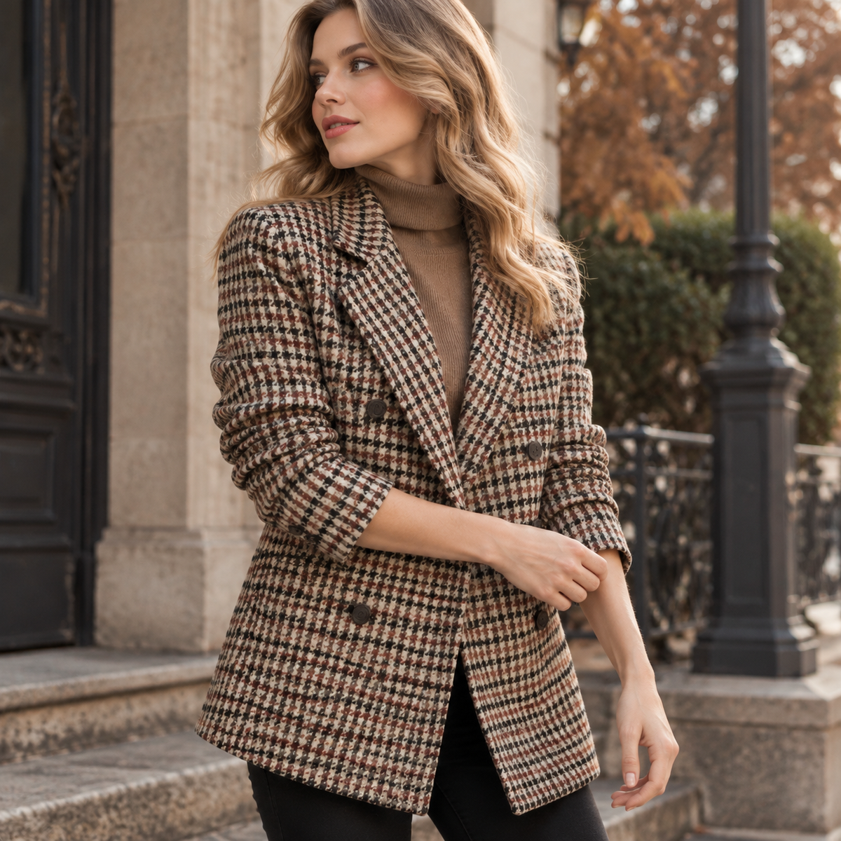 NAJAS | Women’s Houndstooth Coat Cotton Suit Collar Classic Outerwear