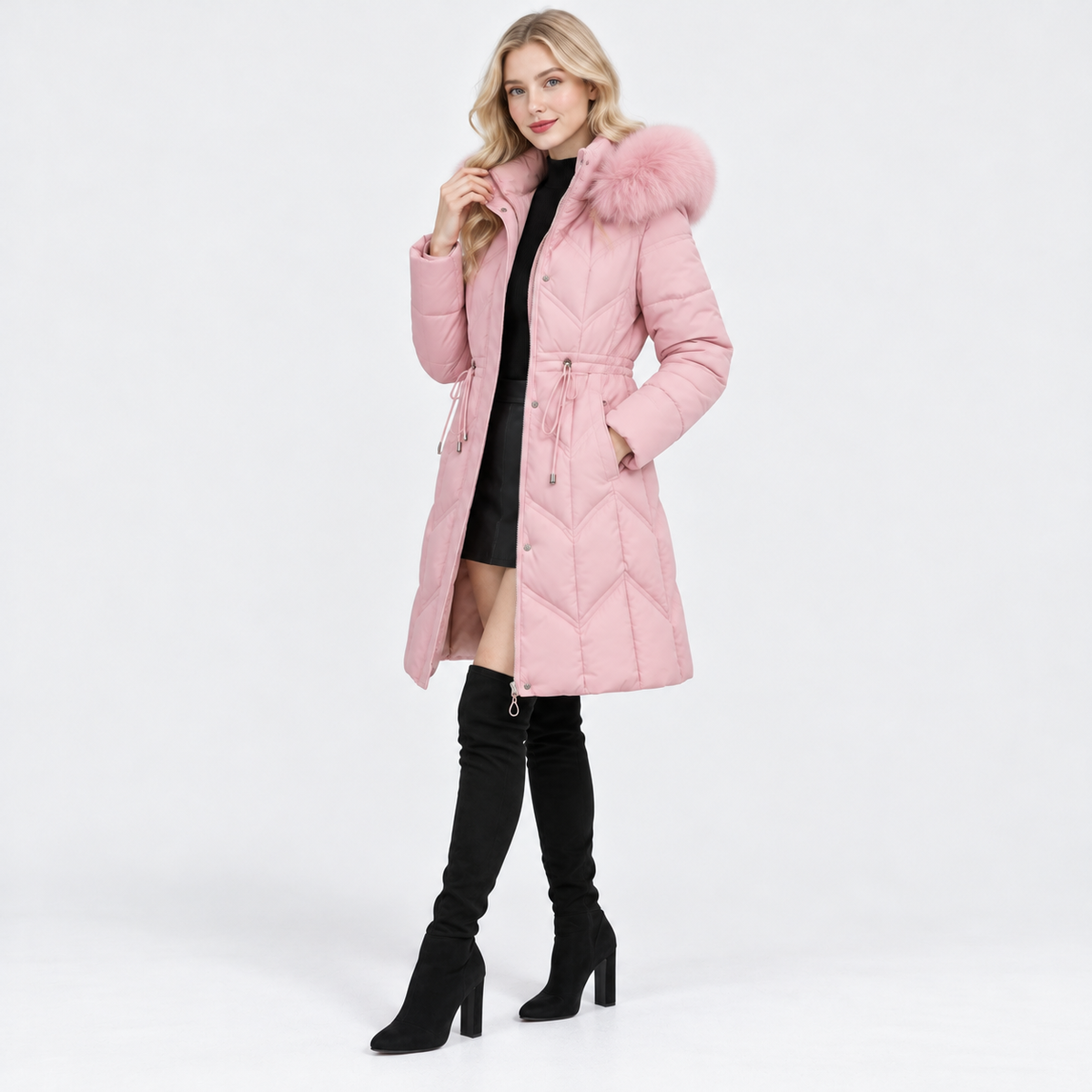 NAJAS | Women's Mid-Length Padded Winter Coat with Large Fur Collar