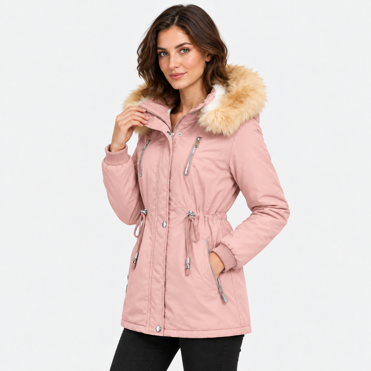 NAJAS | Women's Long Winter Coat with Detachable Hood and Faux Fur Collar