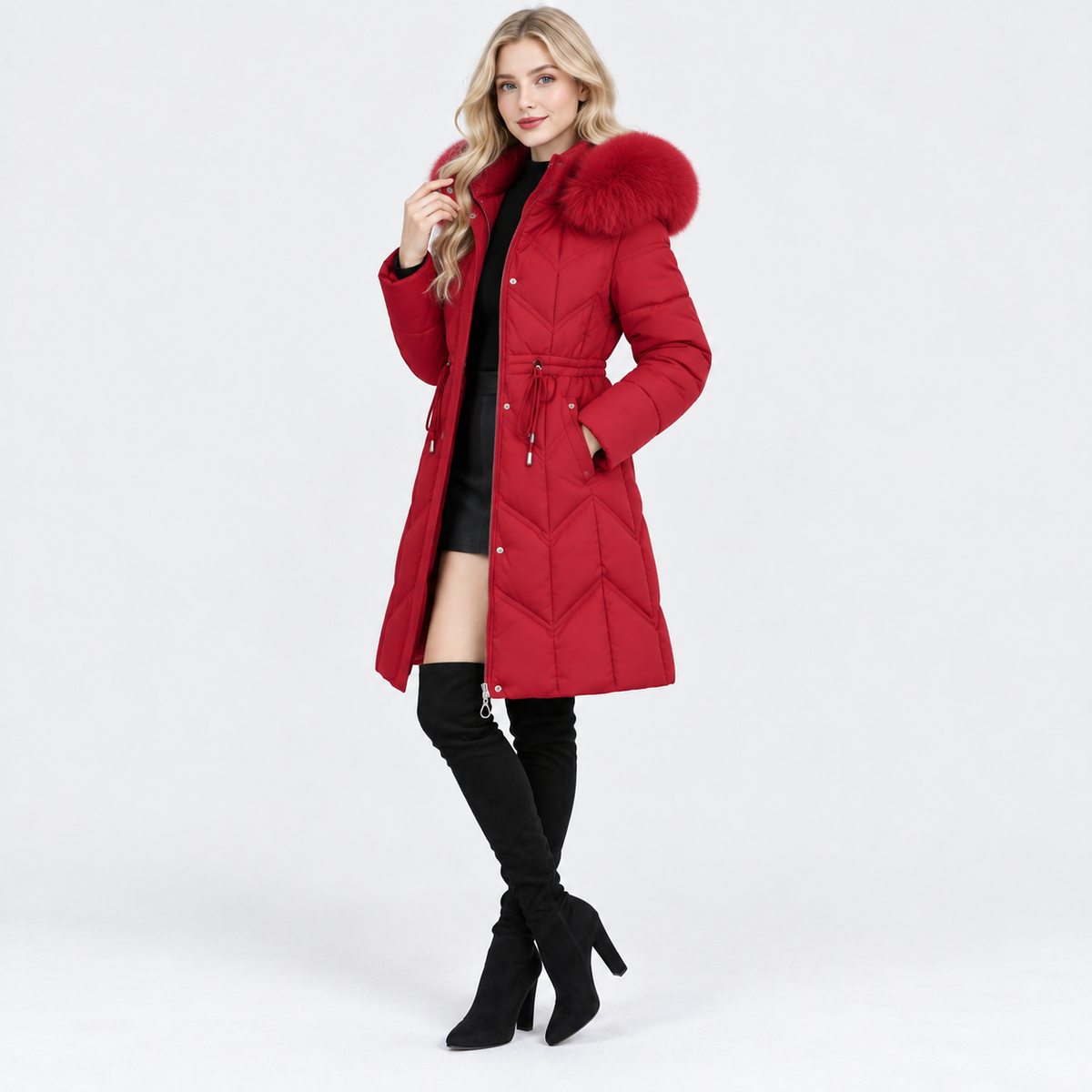 NAJAS | Women's Mid-Length Padded Winter Coat with Large Fur Collar