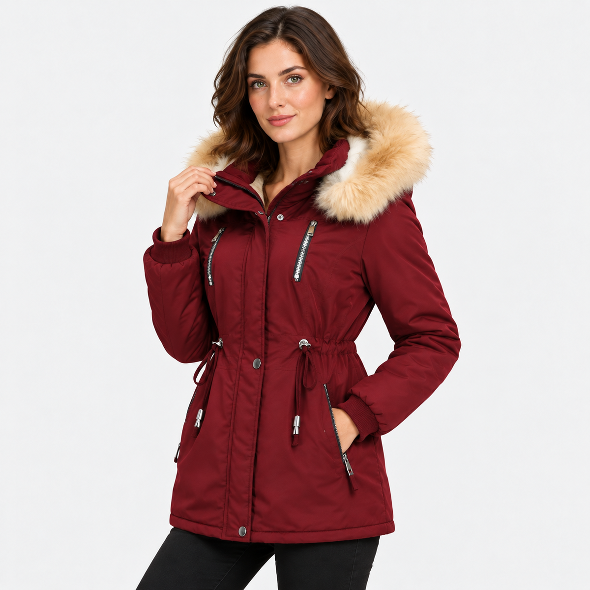 NAJAS | Women's Long Winter Coat with Detachable Hood and Faux Fur Collar