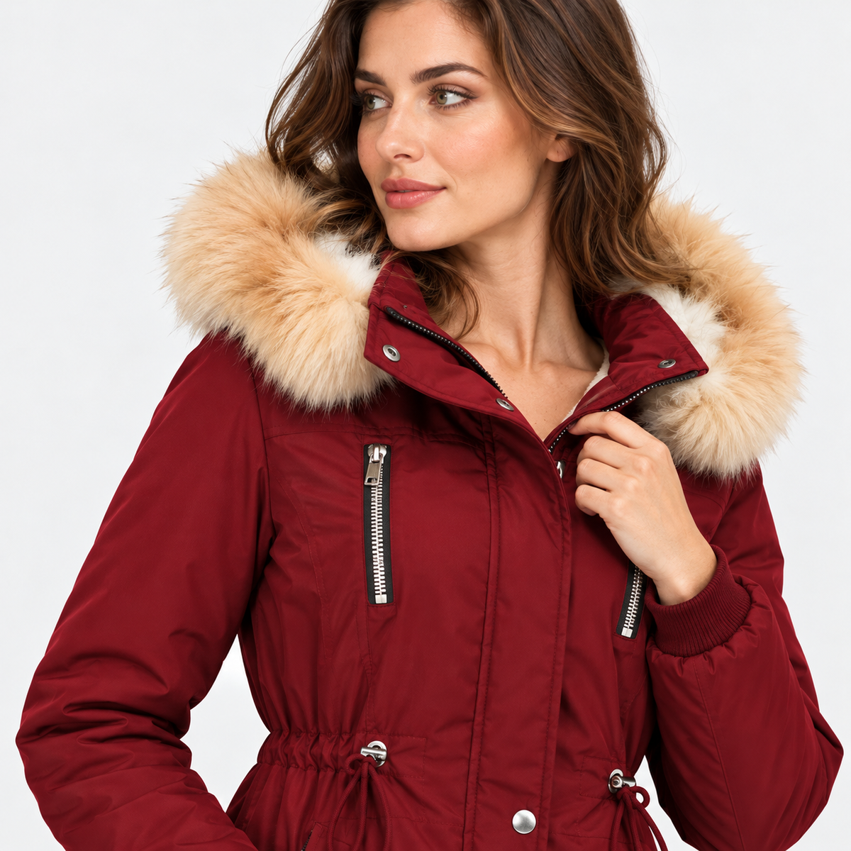 NAJAS | Women's Long Winter Coat with Detachable Hood and Faux Fur Collar