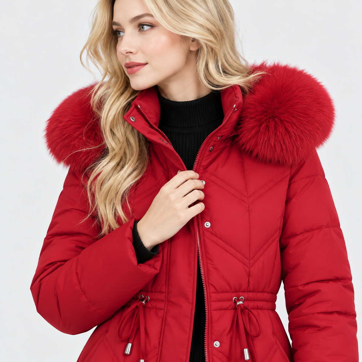 NAJAS | Women's Mid-Length Padded Winter Coat with Large Fur Collar