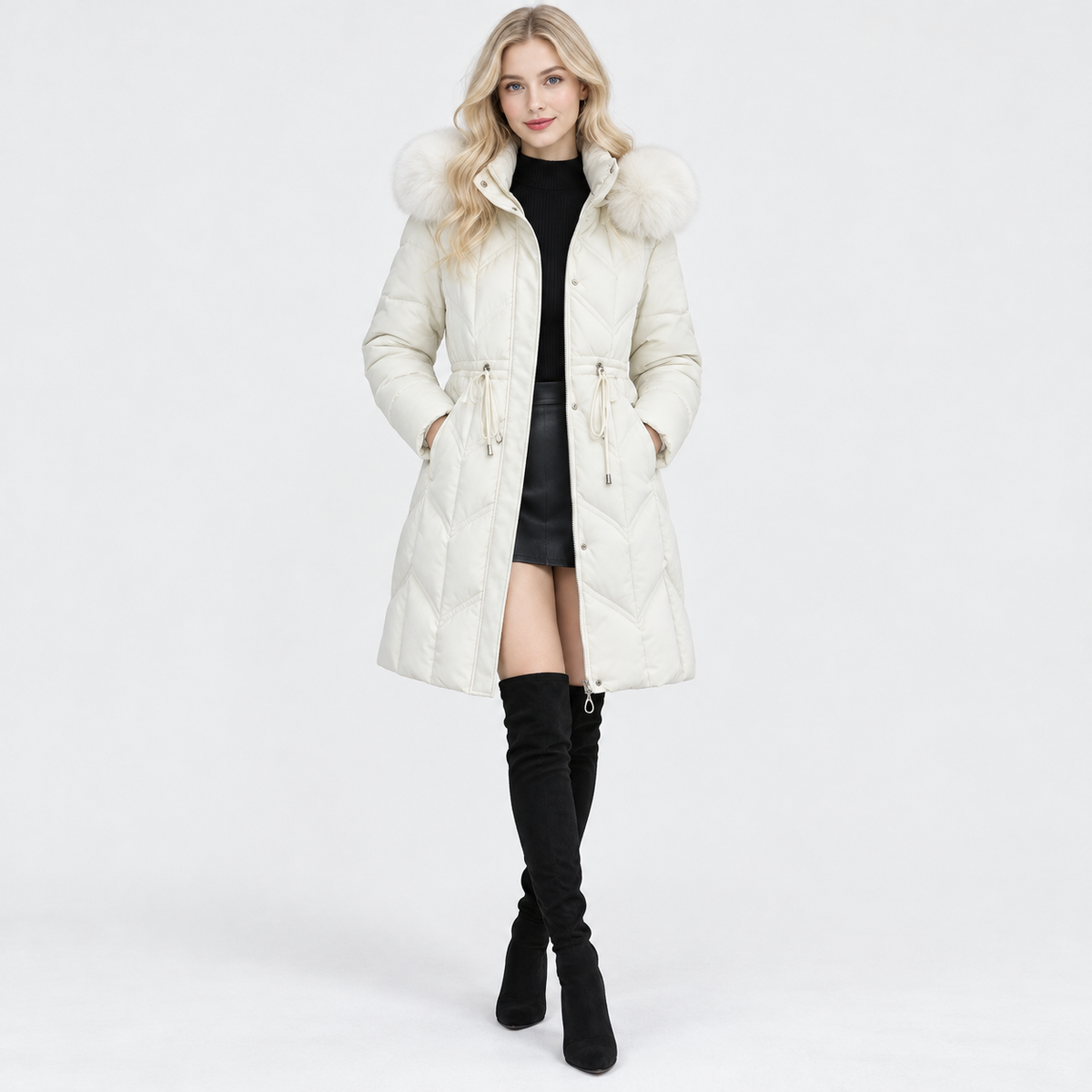 NAJAS | Women's Mid-Length Padded Winter Coat with Large Fur Collar