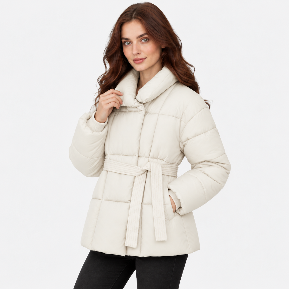 NAJAS | Women’s Plaid Coat Belted Lapel Down Cotton Winter Jacket