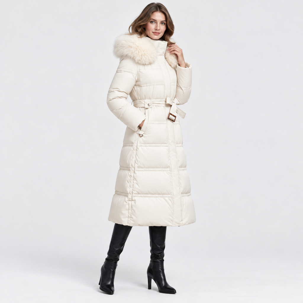 NAJAS | Women's Long Winter Coat with Fur Trimmed Hood and Belt