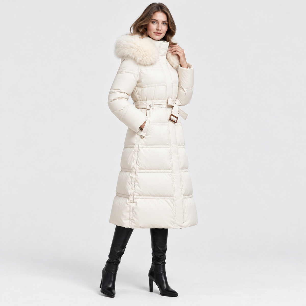NAJAS | Women's Long Winter Coat with Fur Trimmed Hood and Belt
