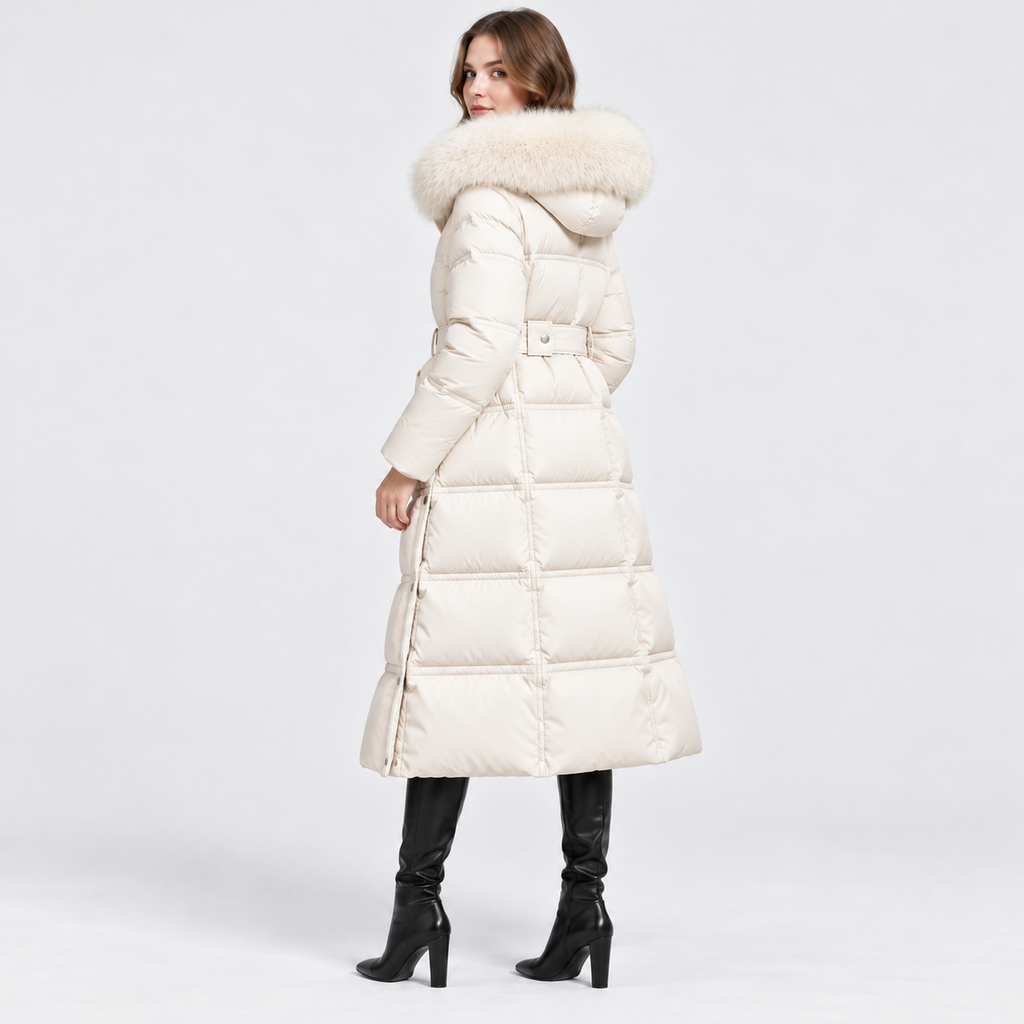 NAJAS | Women's Long Winter Coat with Fur Trimmed Hood and Belt